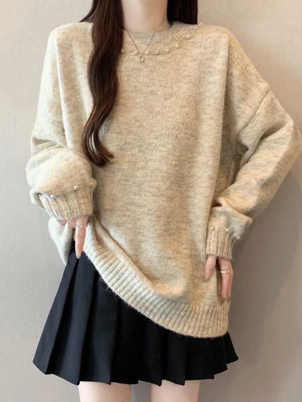 

Ladies' Large Size Lazy Sle Knitted Sweater oulder Length Knitwear Pearl Embellied Long Sve round Ne Top for Autum...