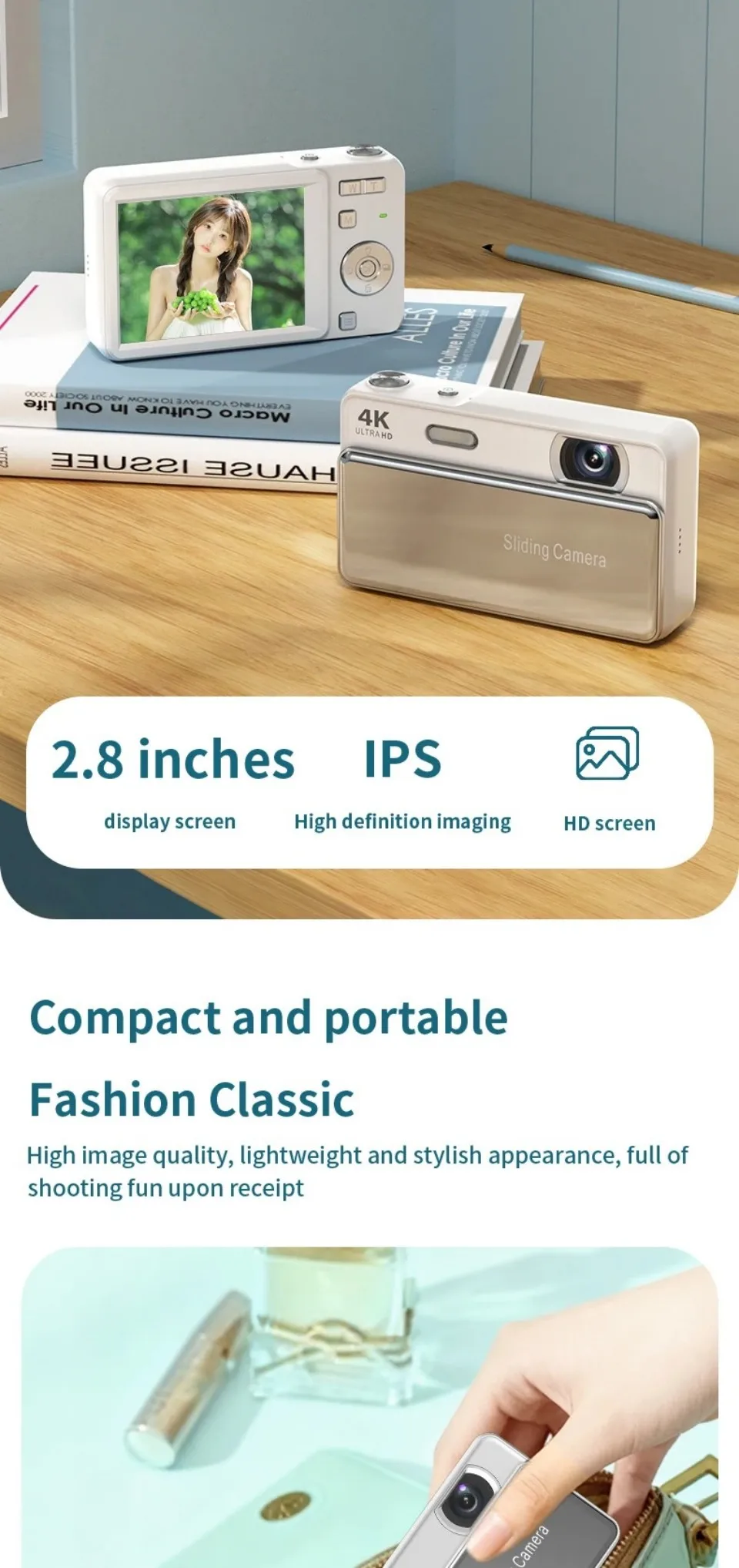 4K HD Sliding Digital Camera 64MP Retro CCD‑Style Mini Camera IPS Screen Multiple Shooting Modes Student Campus Photo Video Cam