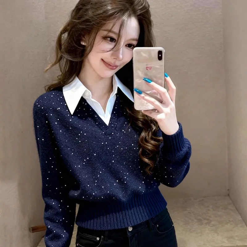Women's Two-piece Knit Sweater Lapel Collar Sequin Decor V-neck Slim Fit Crop Top