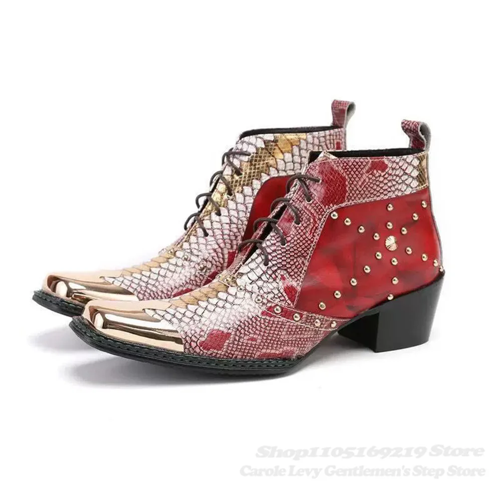 

2026 New Fashionable Personalized Square Head Red Short Boots British Style Men Trendy Chunky Heel Lace Up Nightclub Stage Boots