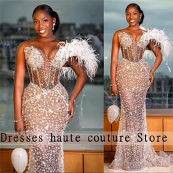 Luxury Aso Ebi Feathers Beaded One Shoulder Evening Dresses 2026 For Women Wedding Party Gowns Formal Prom Dress Customized