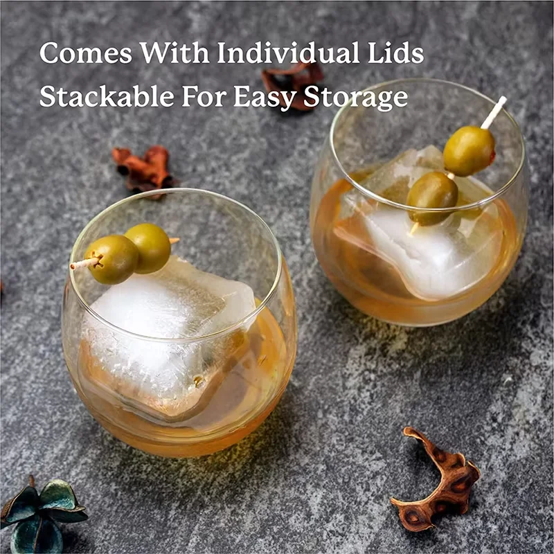 صينية مكعبات ثلج كبيرة من السيليكون قالب مكعبات ثلج سهلة الإصدار صينية ثلج ويسكي مع غطاء قالب ثلج مربع قابل للتكديس لعصير الكوكتيلات