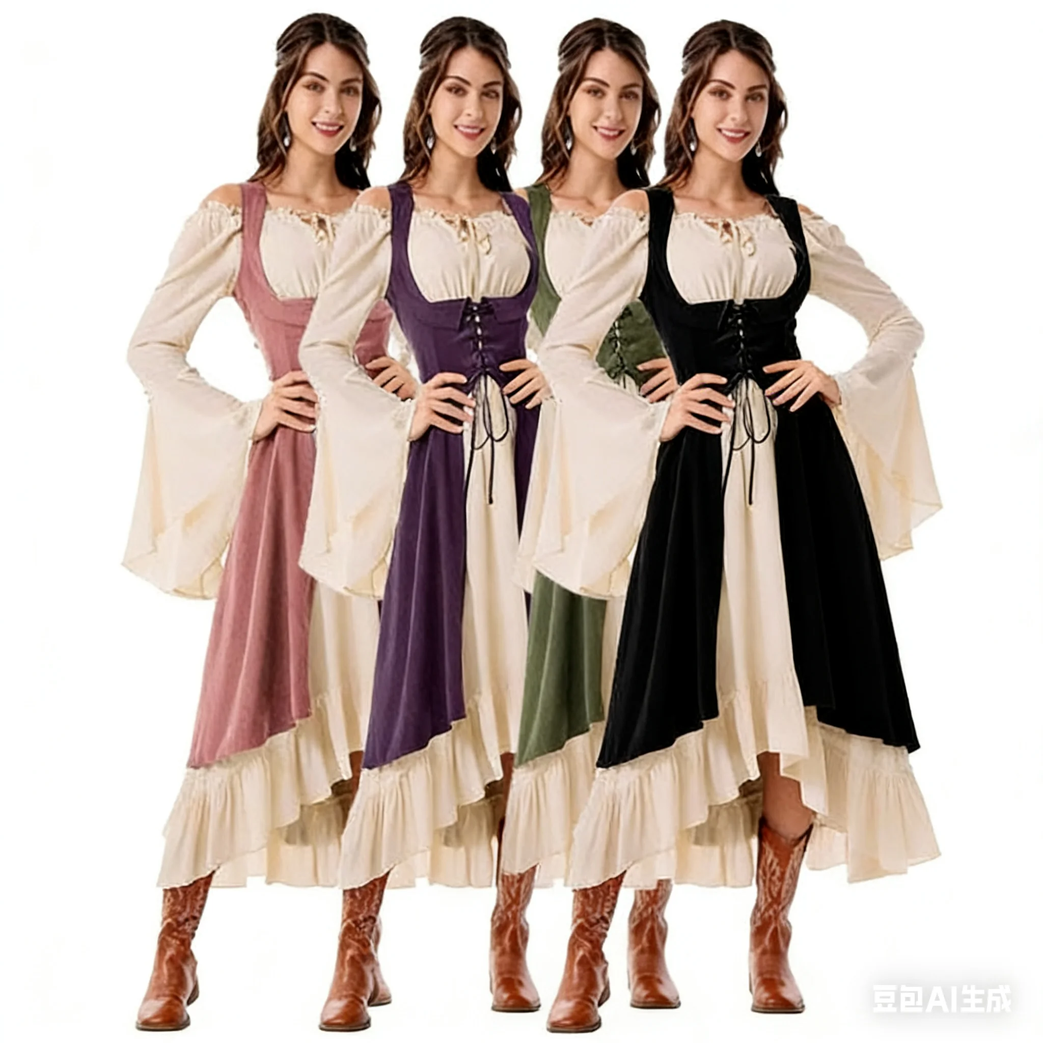 

Halloween Renaissance Clothing Costume Pirate Farmer Cosplay High-low Dress 2pcs Set