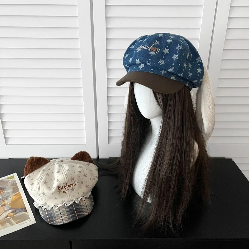 Niedliche, mit Sternen bestickte, achteckige Newsboy-Mütze mit Hasenohren, koreanischer Herbst- und Winter-Vielseitigkeits-Süß-Kunst-Malerhut für Damen – Detail 4