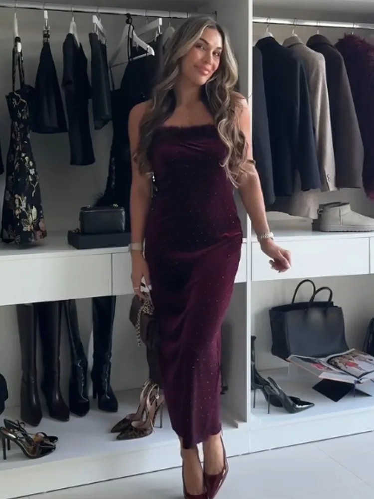 ชุดเดรสกำมะหยี่ประดับลูกปัดแฟชั่นผู้หญิง HH ชุดเดรสเซ็กซี่เปิดหลังไม่มีแขน ตกแต่งด้วยขนเฟอร์เทียม ชุดเดรสซิปสำหรับผู้หญิง ชุดราตรีหรูหรา