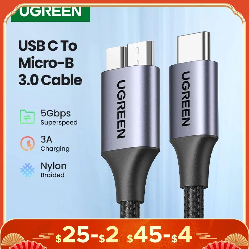 Ugreen USB CถึงMicro B 3.0 5Gbps 3A Fast Data SyncสายไฟสำหรับMacbookฮาร์ดดิสก์ไดรฟ์HDD SSDกรณีUSBประเภทCสายMicro B