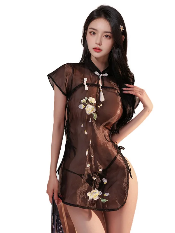 Sommer mode Damen bekleidung ethnischen Stil Retro Cheong sam gesticktes Muster exotisches Netz transparent sexy elegantes Kleid uu7h