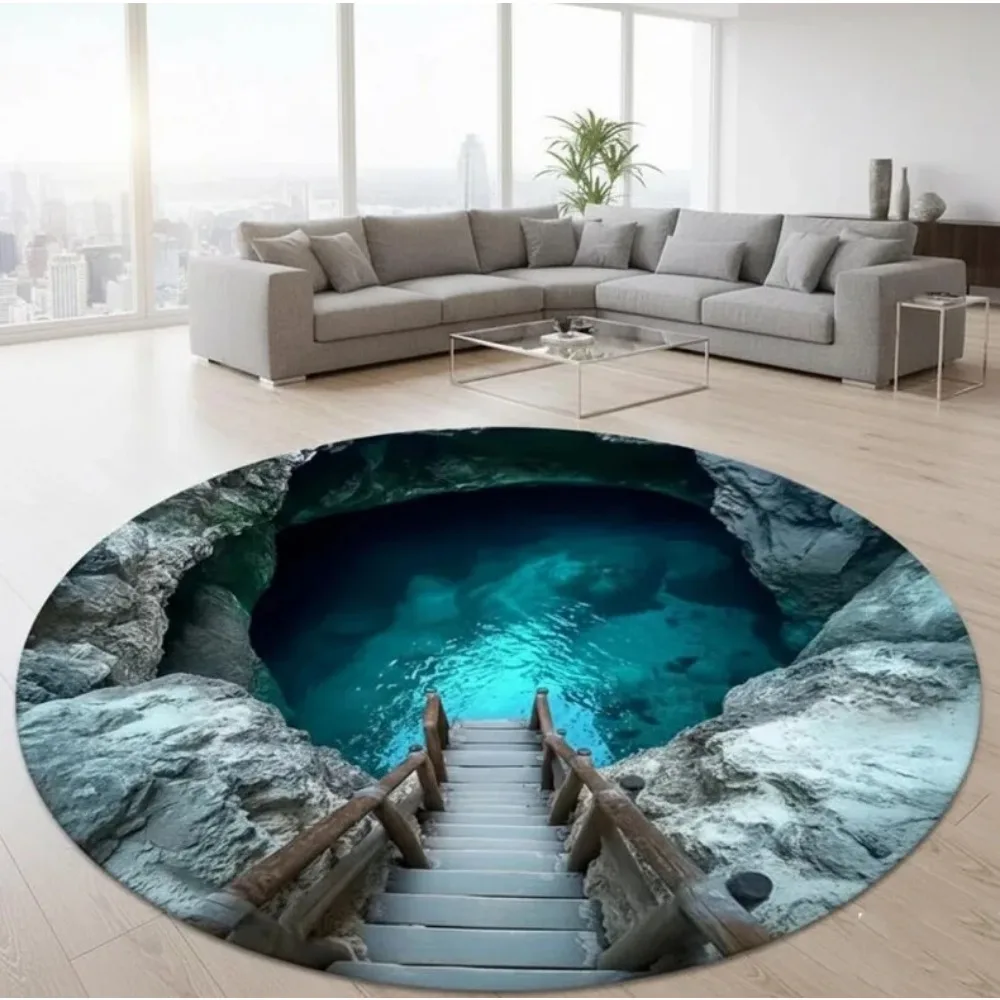 Round Cave Beach 3D Illusion Area Rug, Stone Arch Seascape Non-Slip Floor Mat, Coastal Modern Home Decoration Circular Carpet