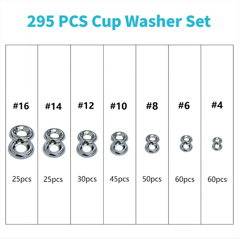 295PCS 304 Stainless Steel Countersunk Polished Washers Set #4-#16 with Storage Box