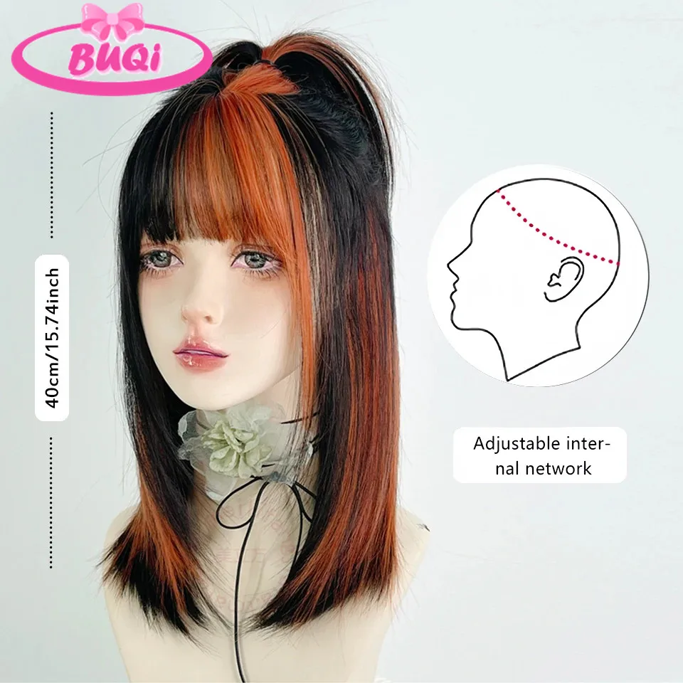 BUQI Curly Synthetic Wigs for Women Long Natural Straight Black Orange Wigs with Flat Bangs Colorful Party Heat Resistant Wig