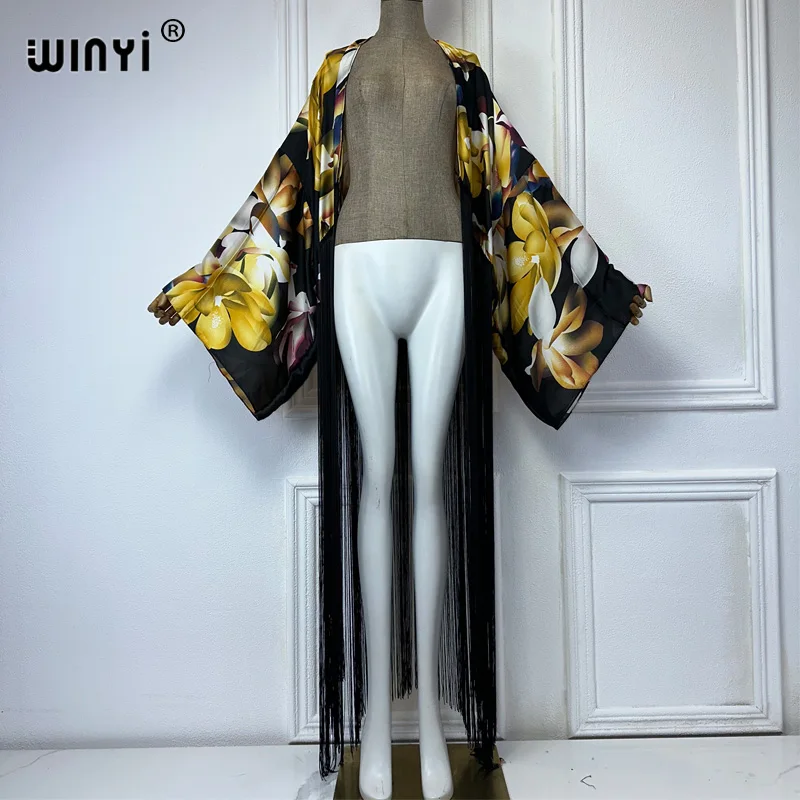 WINYI kimono cover-up new summer boho print Bikini Cover-up Elegant fashion Cardigan sexy Holiday long Sleeve tassels maxi dress