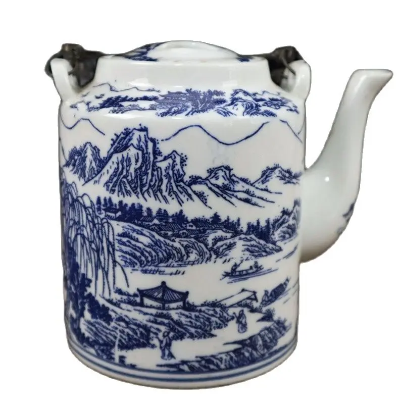 China Old Porcelain, Blue and White Landscape Pattern, Lifting Beam Teapot