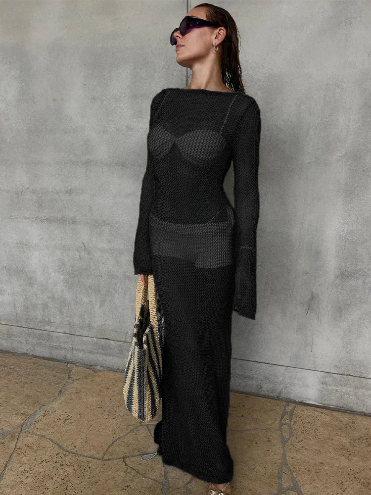 2025 新シースルービキニカバーアップ女性ビーチカバーアップ中空長袖ドレス夏のファッションホリデー女性ビーチウェア