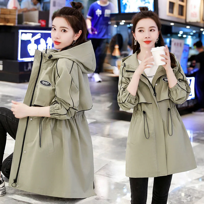 Imagem -06 - Coreano Feminino Longo Blusão Jaqueta Casual com Capuz Cabolsa Primavera Outono Trench Coat Drawstring Cintura Outerwear Feminino