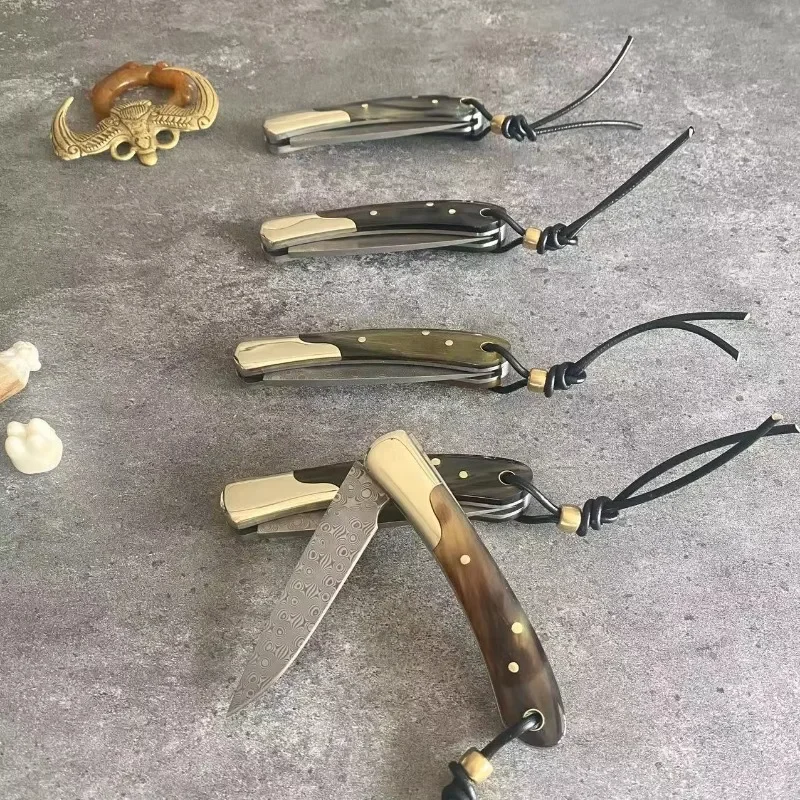 

Horn Handle Folding Blade Knife Damascus Steel Outdoor Camping Fruit Peeling Knifes Survival Hand Tool With Leather Case