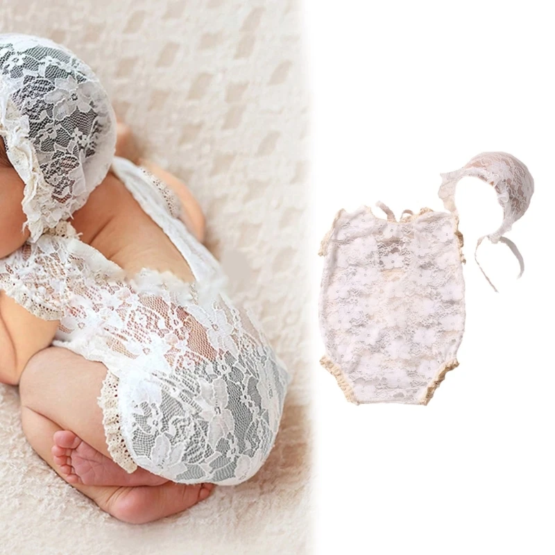 Recém-nascidos Fotografia Props Outfits, Baby Lace Romper, Headband Set, Bebês Photo Bodysuit, Macacão, Faixa de Cabelo, Dropshipping, 2 pcs