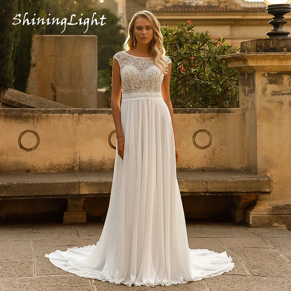

ShiningLight Chiffon A-Line Boho Wedding Dresses for Bride Cap Sleeves vestidos de novia de talla grande Scoop Neck Customized