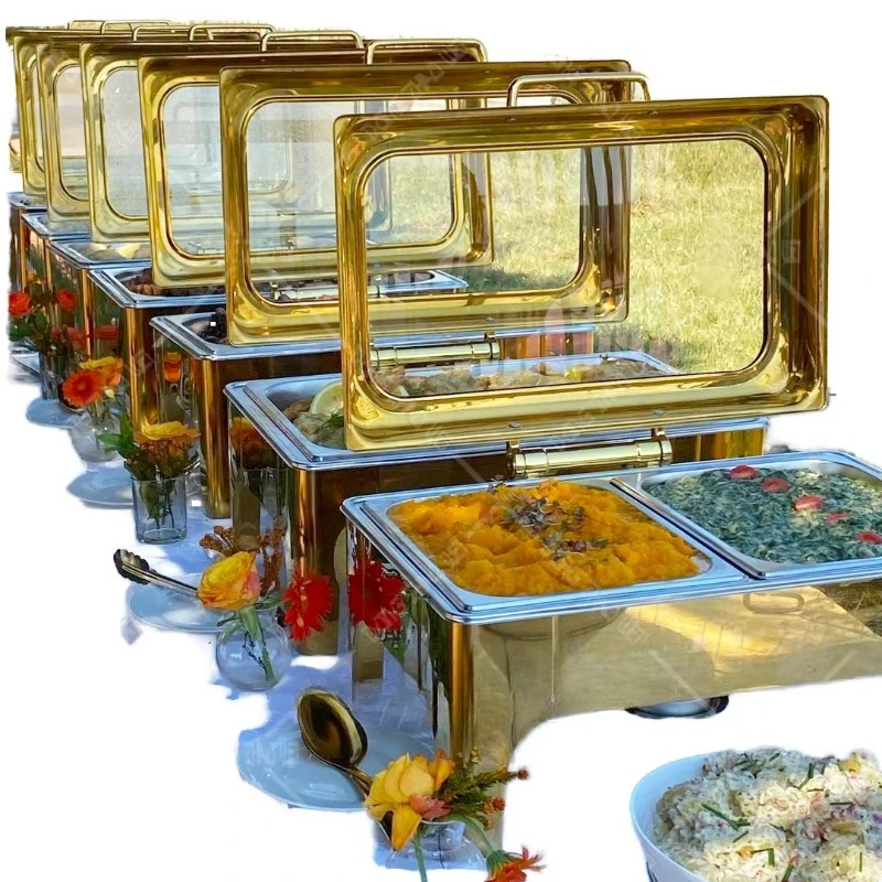 Stainless Steel Fuel Hot Sale Luxury 9L Hotel Chafer Golden Chafing Dish Buffet Set Chefing Warmer Hot Pot Food Services