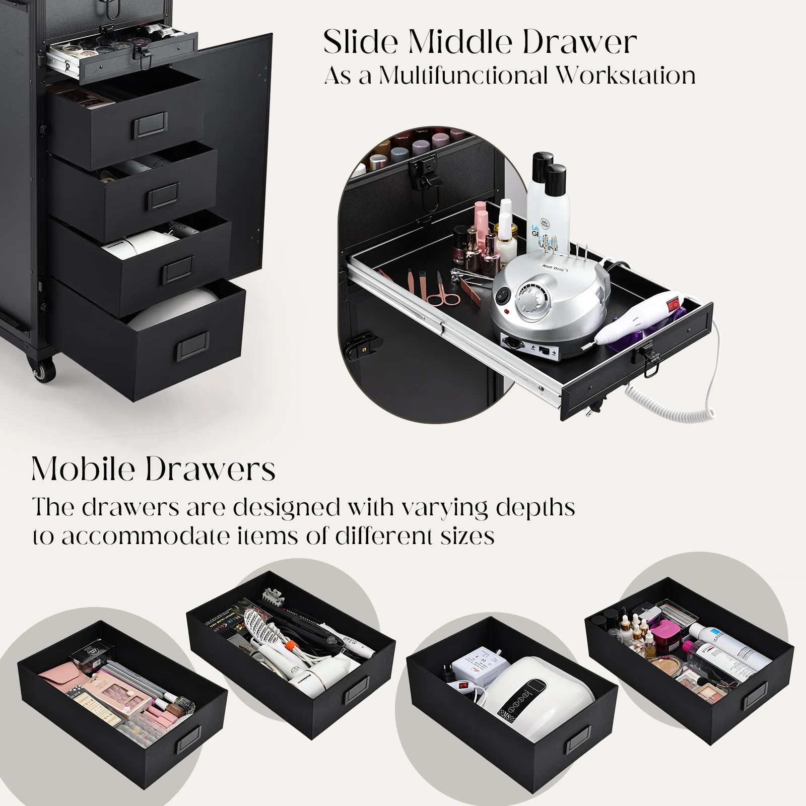 Imagen 5: Maleta de Maquillaje con Ruedas y 5 Cajones de Gran Capacidad, Maleta Profesional de Maquillaje, Mesa Portátil para Uñas, Escritorio para Técnicos de Uñas, Maleta de Cosmetología con Ruedas, Mesa Plegable para Uñas con Llaves, Mesa Móvil para Técnicos de Uñas y Tatuajes, Estación de Trabajo