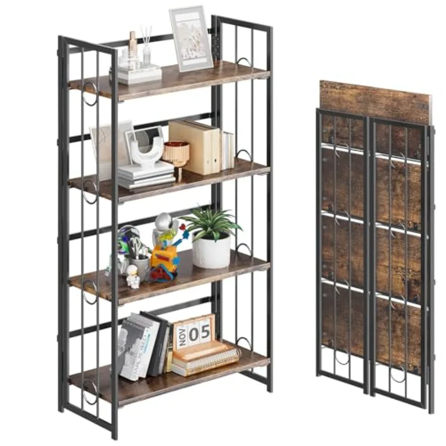 

4-х ярусная складная книжная полка без сборки, складная полка для хранения 47,2 дюйма, винтажный книжный шкаф, стоячие стеллажи, органайзер для учебы, дом выкл.