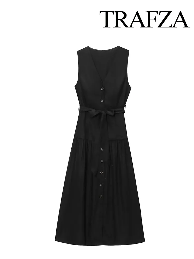 

HH Women 2025 Summer Fashion V-Neck Single-Breasted Bow Lace-Up Decorate DressFemale Temperament Long Sleeveless Slim Dress
