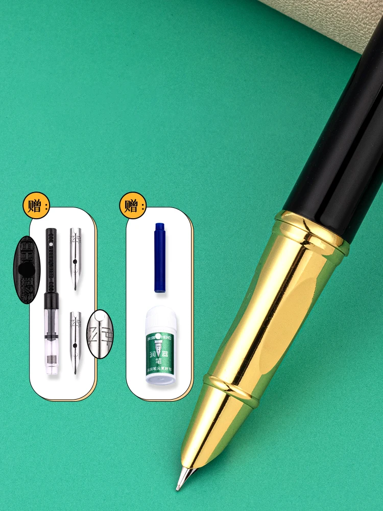 Hero 9399 Student Fountain Pen Corrective Grip Pen Birthday Gift Classic Iridium Gold Dark Tip Ink Pen Free 30 Ink Bags