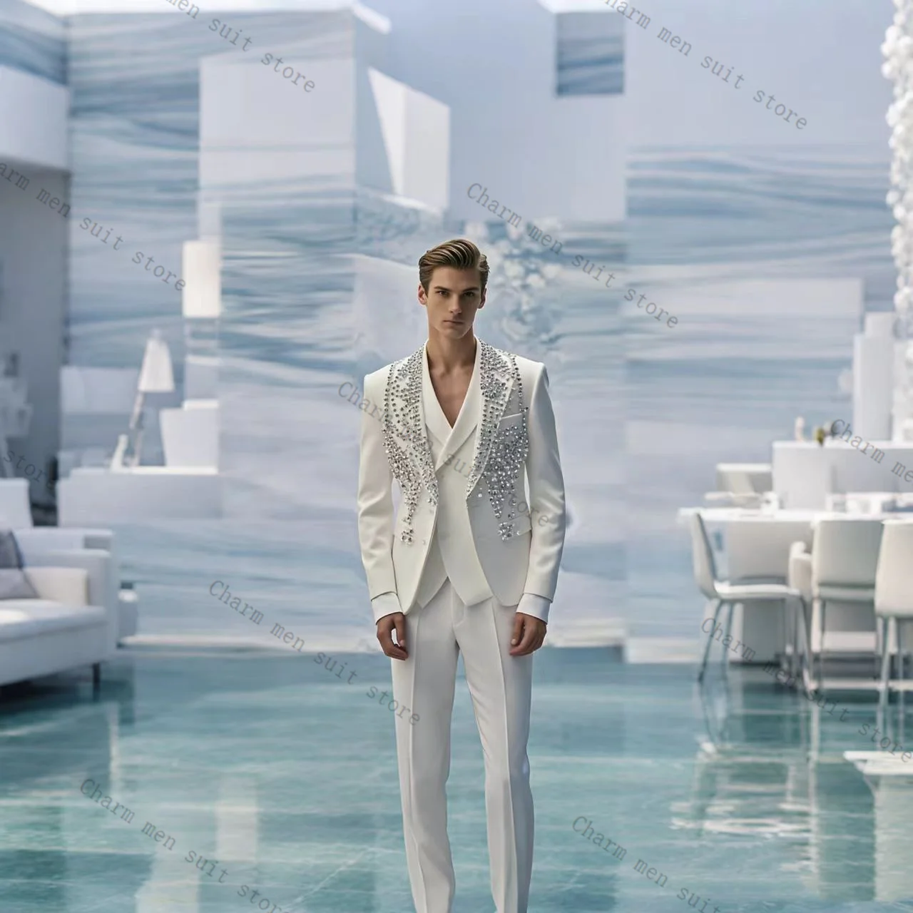 

White Men Suits Set 3 Pcs Crystals Blazer+Vest+Pants Trousers Luxury Wedding Tuxedo Formal Office Business Groom Jacket Coat