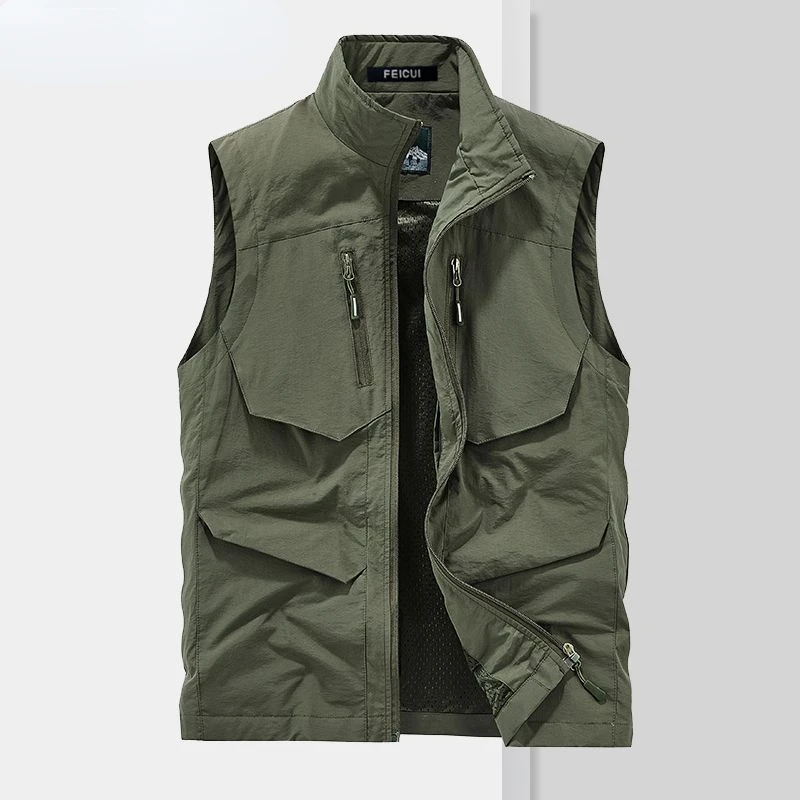 

2023 Men's Loose Quick Drying Vest Male Outdoor Sports Coat Multi Pocket Stand Collar Vest Spring Camping Fishing Vest Y38