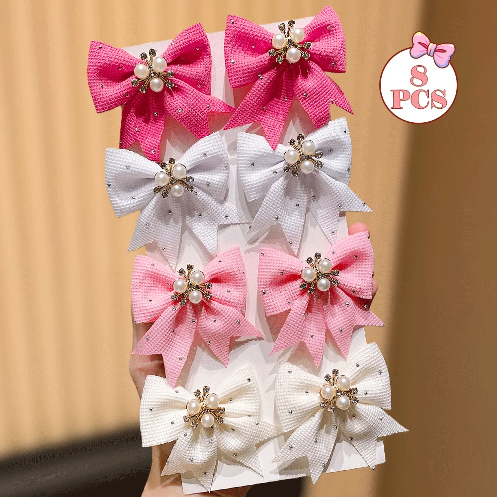 

8PCs Butterfly Knot Hairpins Set Pink White Plaid Fabric with 3D Embellishments Sweet Elegant Style for Daily Outfits Dates Gift