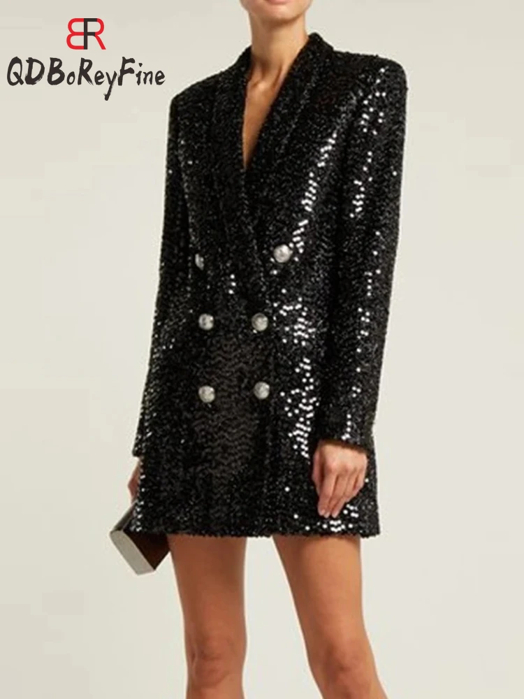 

Black Sequined Fashion 2024 Designer Blazer Women Fall High Quality Elegant Bling Glitter Evening Party Long Blazer Coat Outwear