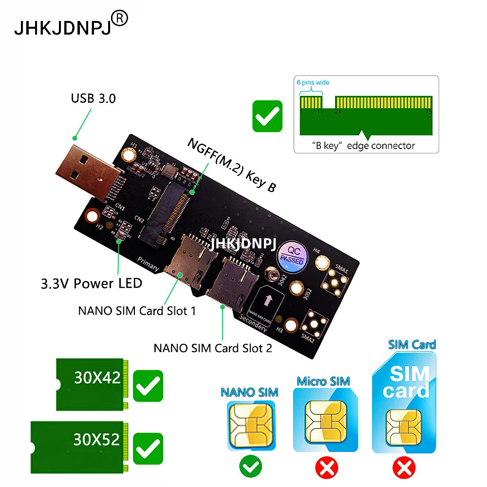 NGFF M.2 B-key to USB 3.0 Adapter with Dual NANO SIM card Slot for 3G/4G/5G Module