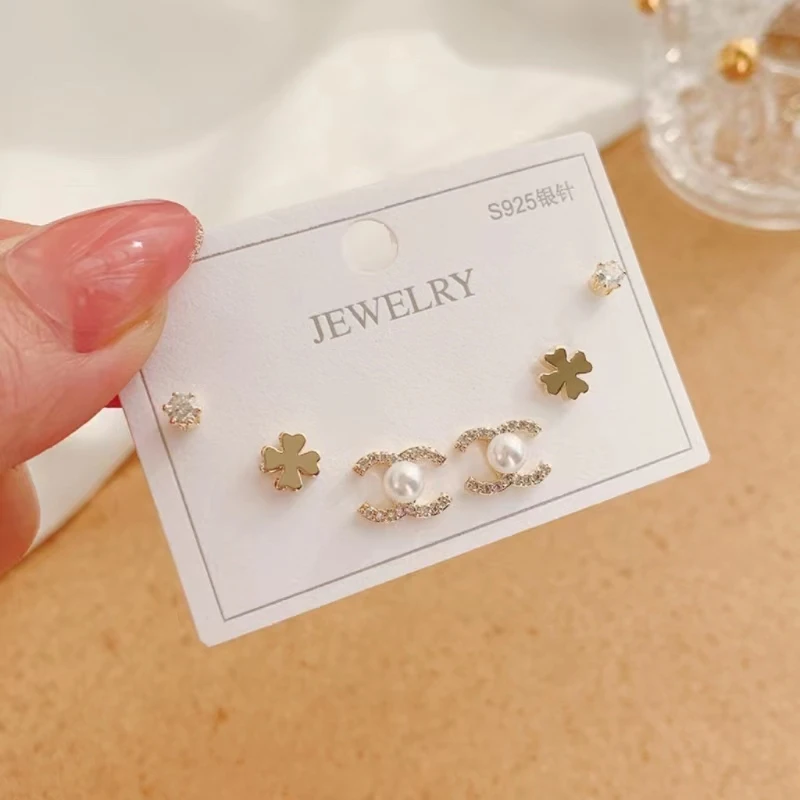 3 Pair/Set wholesale Flower Zircon  Stud Earrings Set for Women Girl Fashion Geometric Hear Earring Jewelry Gifts