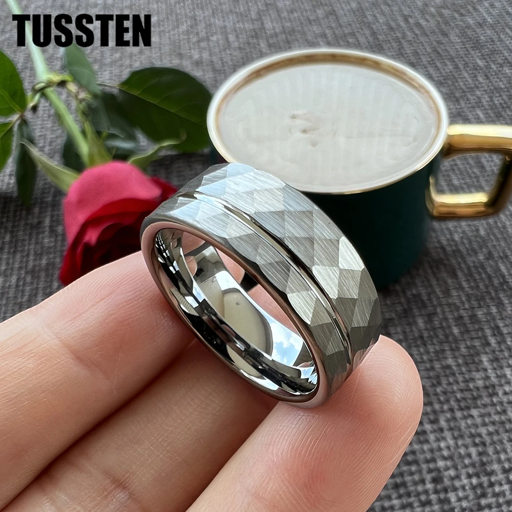 TUSSTEN 8MM Hammered Tungsten Carbide Rings Fashion Jewelry for Men Women Wedding Band Flat Offset Groove Comfort Fit