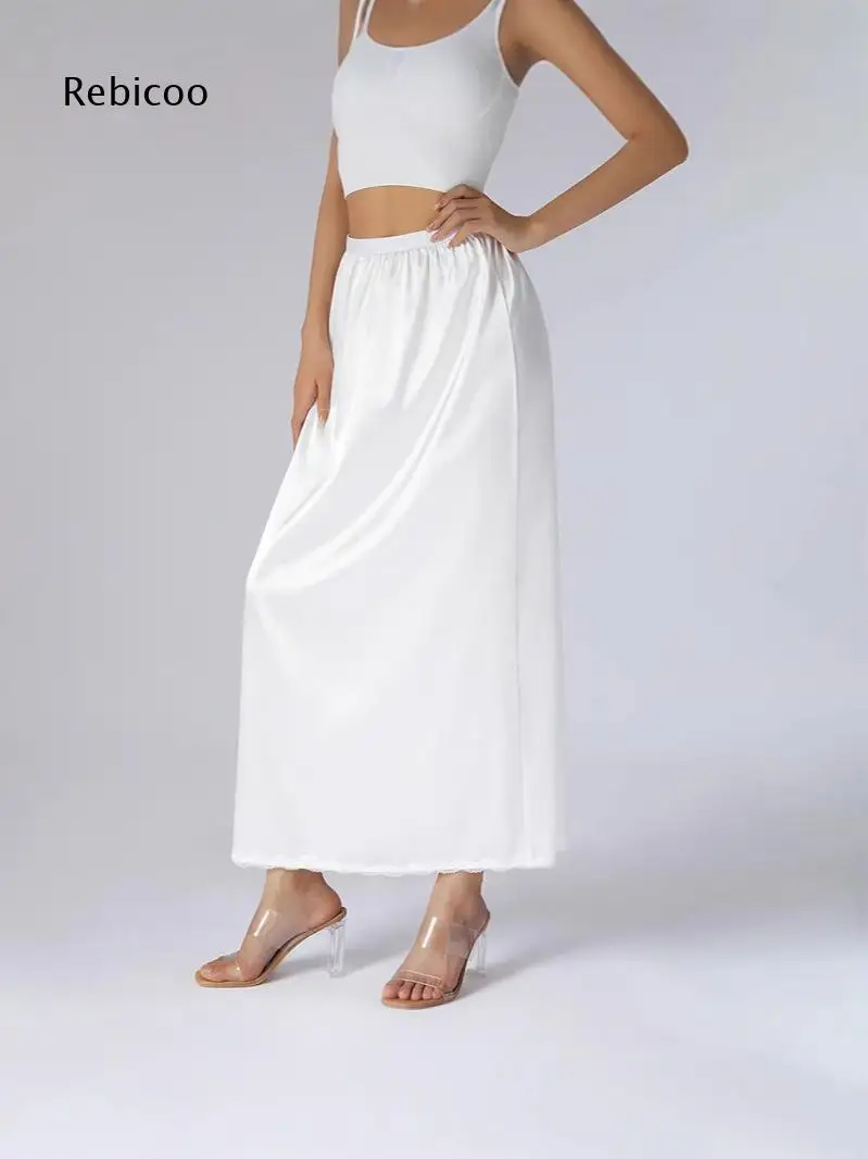 Ladies Flowy Satin Mid Length Skirt Featuring Lace Trim Hem For Leisure Parties And Multiple Elegant Outfit Combinations