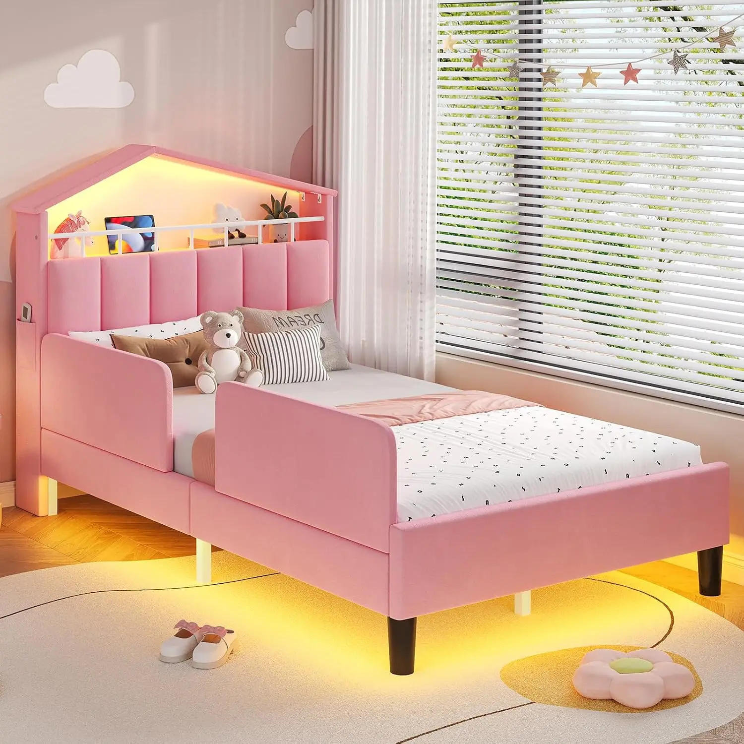 Twin Bed With Safety Guardrail For Girls Room, Pink, Customized