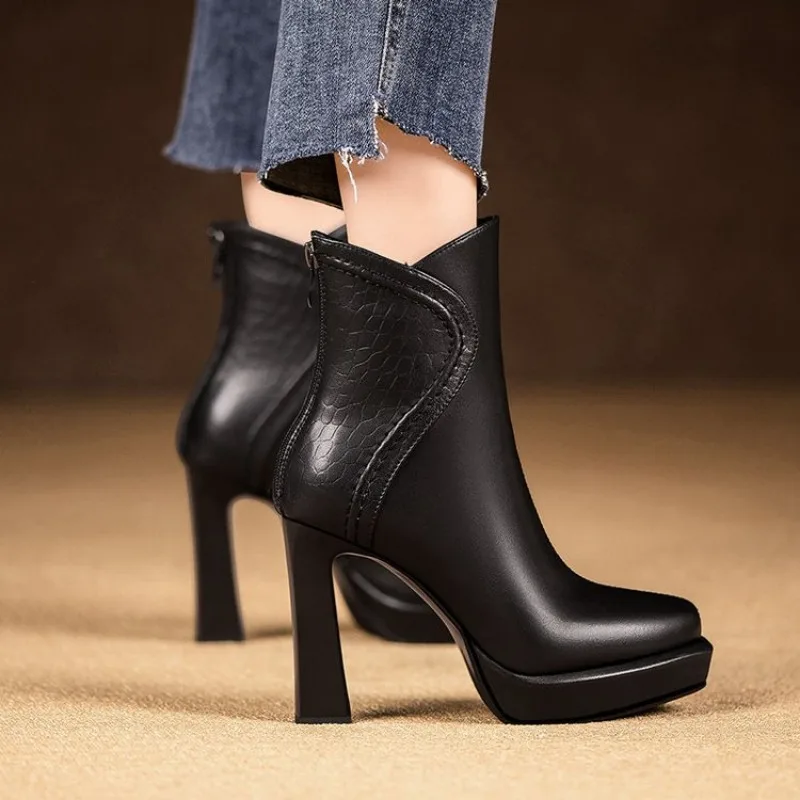 Women's Fashion Thick Heel Single Boots Fall New Square Head Leather Back Zipper Temperament High Heel Short Shoes