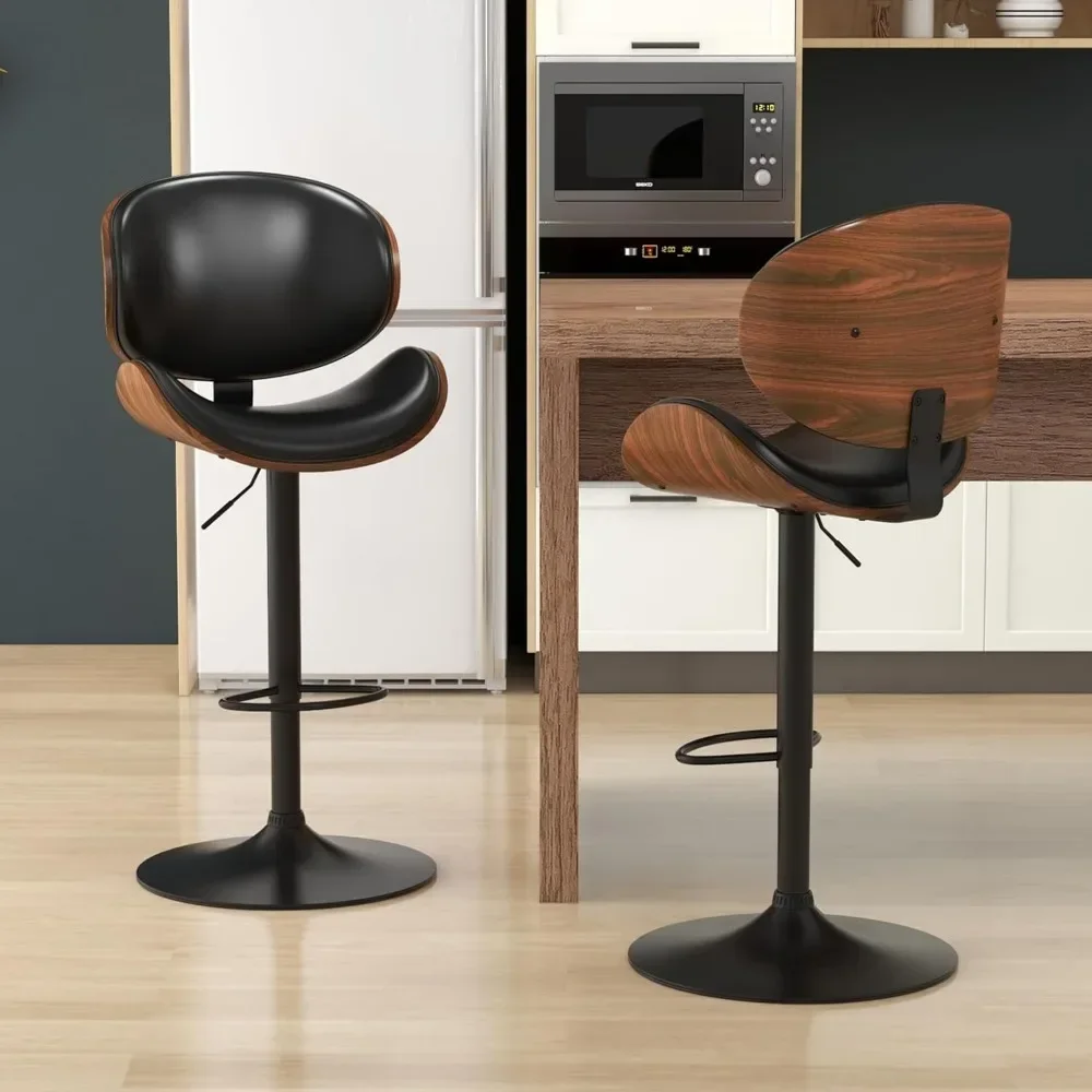 

Bar Stools Set of 2, Swivel Adjustable Height Barstools, PU Leather Upholstered Bar Chairs with Footrest, Bentwood Bar Stool