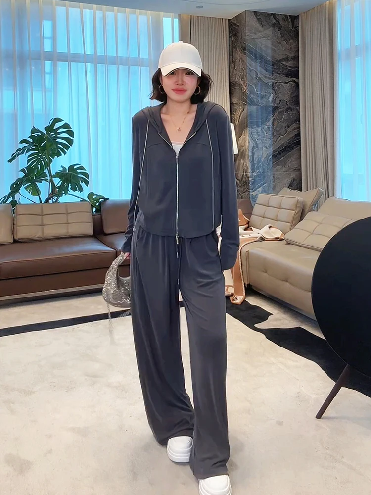 

Ультрамягкий модальный комплект из смешанной ткани Lazy Ice Skin, повседневный универсальный комплект для похудения с капюшоном и застежкой-молнией Faion Set для W...