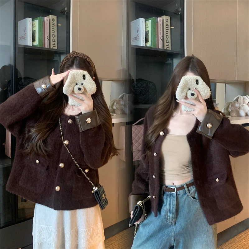 

Большие размеры, осенне-зимняя модная верхняя одежда кофейного цвета, открытый кардиган Ele Sle, корейский свободный крой, длинный све Jaet