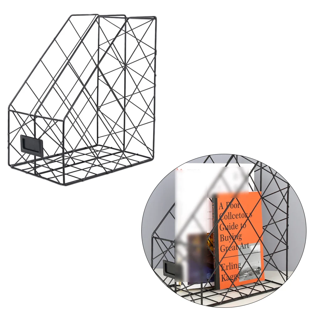 

File Holder Black Nordic Wrought Iron Desktop Document Storage Rack Office Home Organizer Magazine Book Stand Hollow Grid