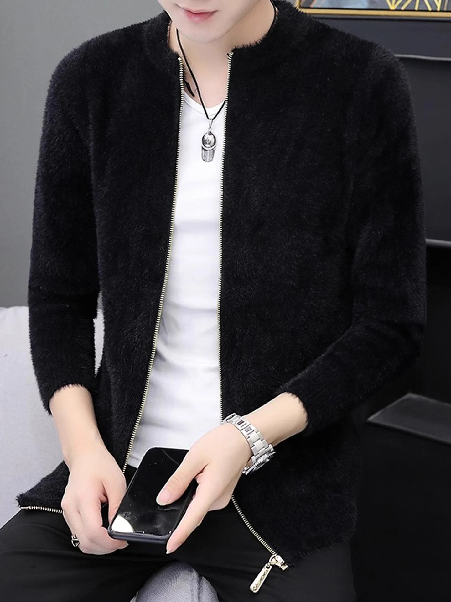 

Мужская вязаная шерстяная куртка на молнии, осенне-зимняя, высококачественная, из мягкого полиэфирного волокна, с длинными рукавами, однотонная, в бейсбольном стиле