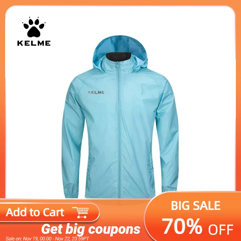 KELME Men's Windbreaker Running Jacket Soccer Kid Hooded Windproof Coat Training Waterproof Jacket Quick Dry 3801241