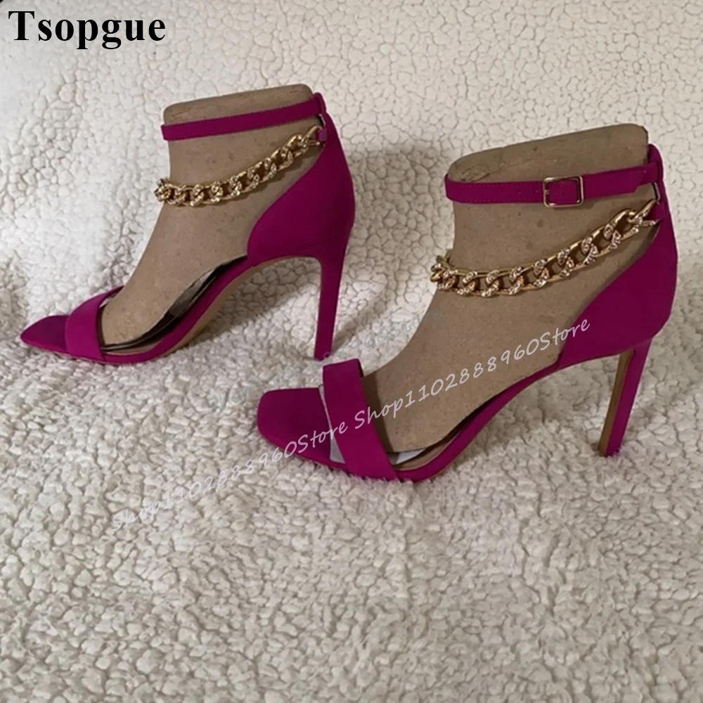 

Sexy Rose Red Metal Chain Narrow Strip Sandals Stilettos High Heel Shoes For Women Ankle Buckle Strap Open Toe Stylish Sandals