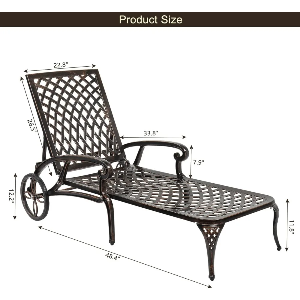 Outdoor Lounge Chair with Wheels, 3-Position Adjustable Backrest, Easy Assembly, Premium Aluminum Frame, Outdoor Sun Loungers