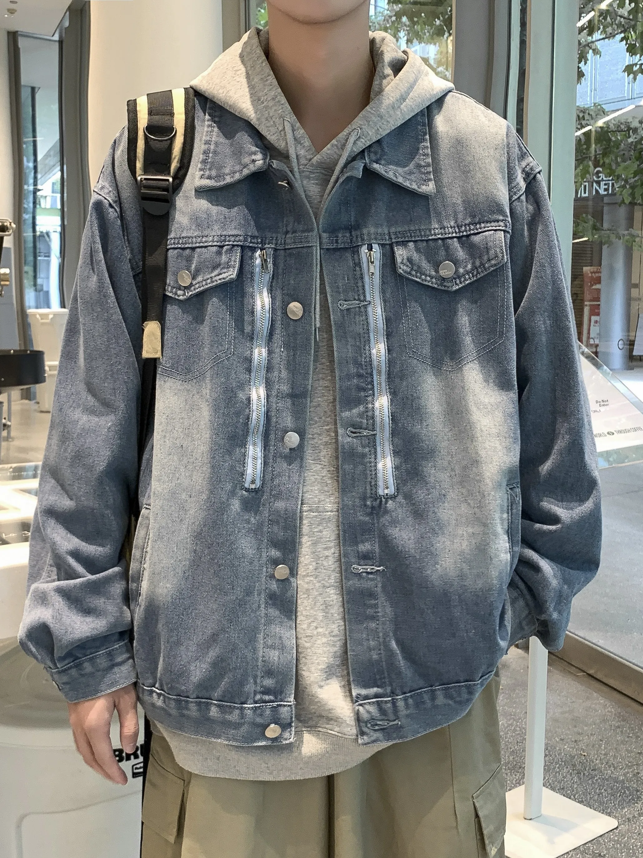 

American Waed Denim Jaet Men's Casual Zipper Spring Autumn Design Loose Workwear Outerwear Youth Faion Long Sve
