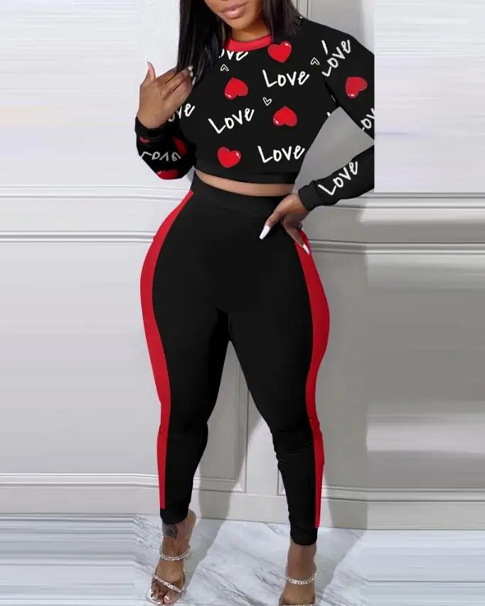 Valentine's Day Love Heart Print Top & Contrast Paneled Pants Set Two Peice Set for Women Matching Sets Elegant Female Outfits