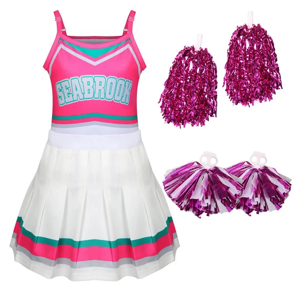 2025 Halloween Costumes for Girls Zombies Addison Cheerleader Cosplay Kids Tops+skirt Clothes Set Fancy Outfits with Flower Ball