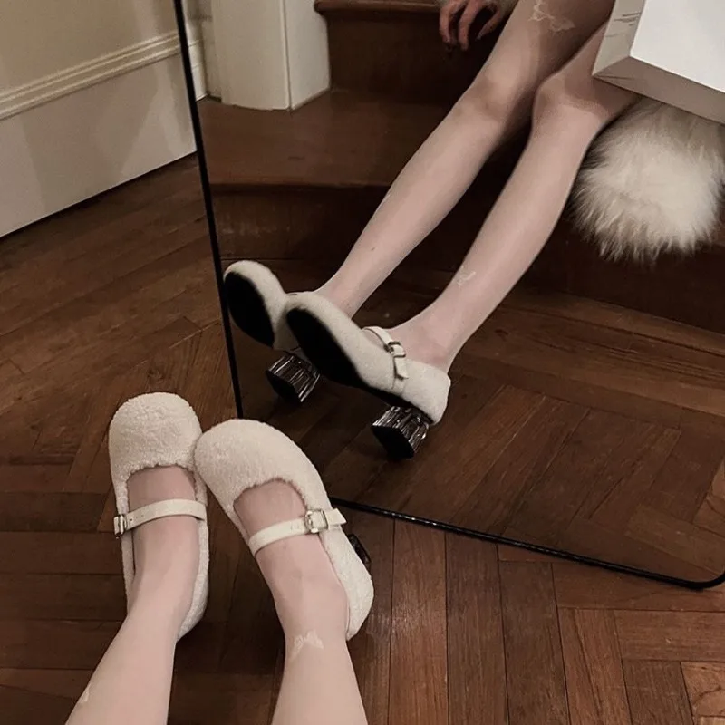 

New Style Fashion Square Toe Fleece Ballet Flat Woman Winter Warm Wool Mary Jane Shoes Ladies Brand Design Elegant Plush Loafers