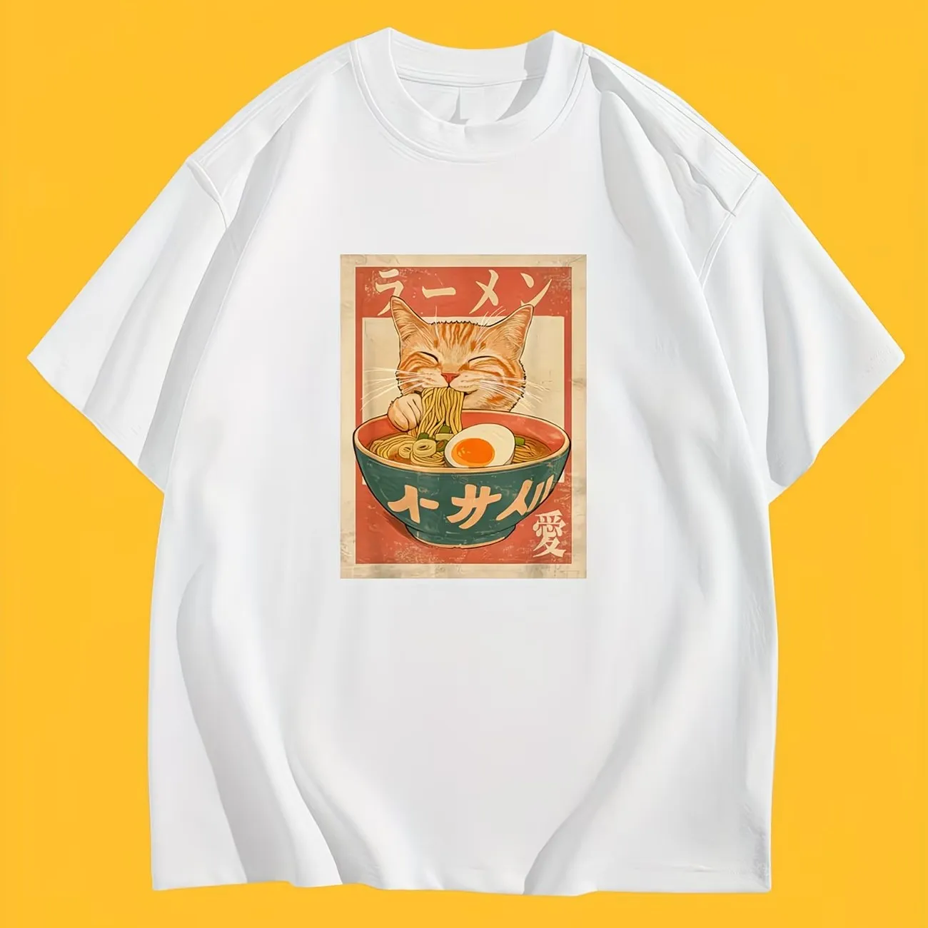 Vintage Japanese Ramen Cat T-Shirt Retro Anime Graphic Tee Summer Short Sleeve Harajuku Kawaii Streetwear Casual Fashion Tops
