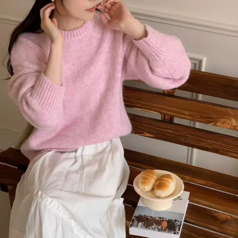 2025 Winter Fashion New Women's Warm Sweater Korean Version Fresh and Sweet Round Neck Long Sleeved Wool Pullover Sweater